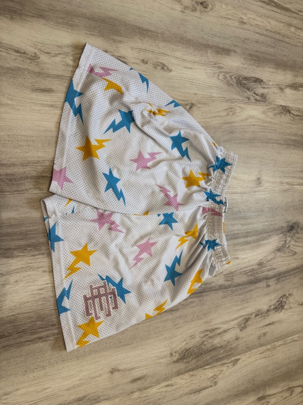 EE DESIGNER White Star & Lightning Print Mesh Shorts Men L (fits smaller)